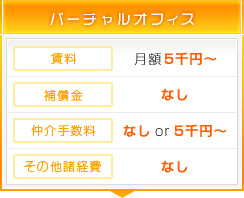バーチャルオフィス 賃料:月額5万円～ 補償金:なし 仲介手数料:なしor5千円～ その他諸経費:なし